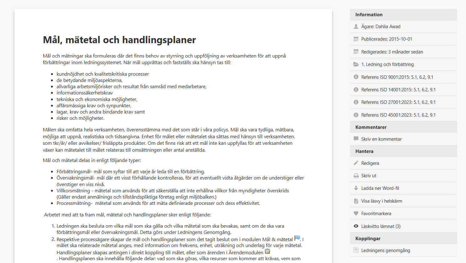 Spineweb dokumentvy - Mål, mätetal och handlingsplaner